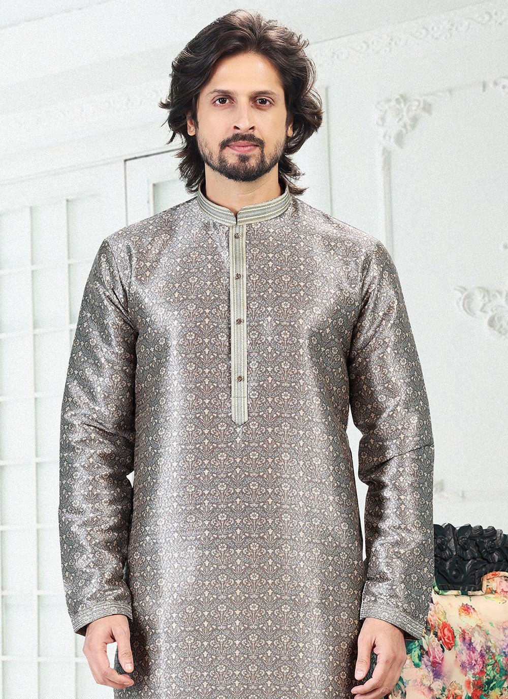 Digital Print Banarasi Silk Grey Kurta Pyjama - M4915