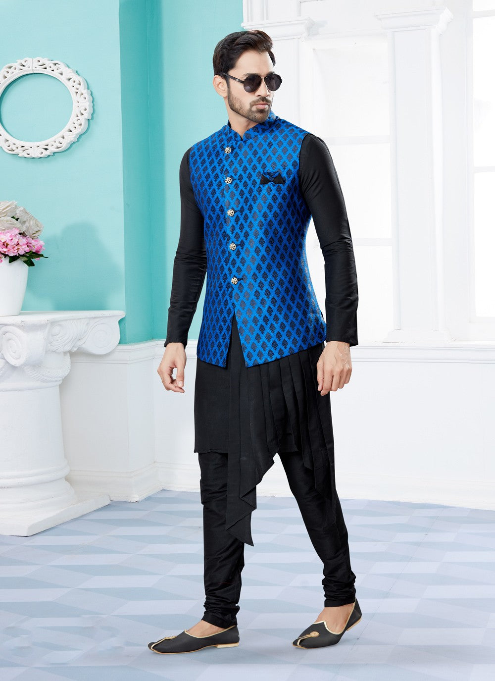 Jacquard Work Banarasi Silk, Dupion Silk Black, Blue Indo Western - M4036