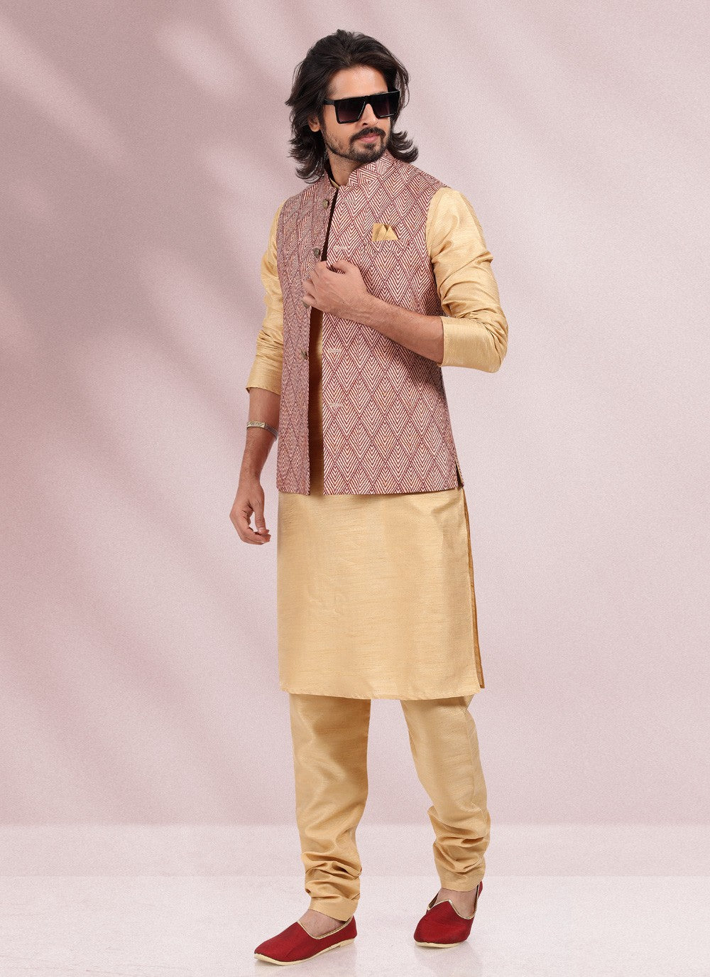 Printed Banarasi Silk Beige, Maroon Kurta Payjama With Jacket - M4591