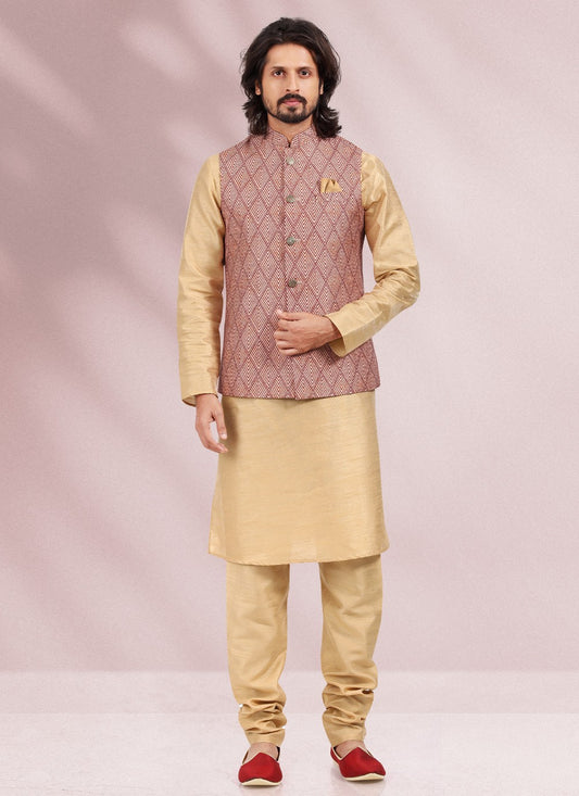 Printed Banarasi Silk Beige, Maroon Kurta Payjama With Jacket - M4591