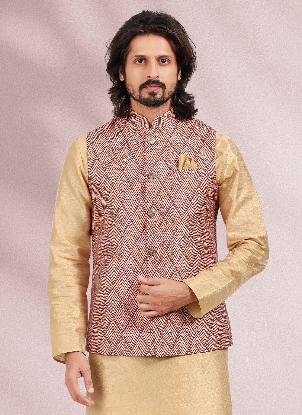 Printed Banarasi Silk Beige, Maroon Kurta Payjama With Jacket - M4591