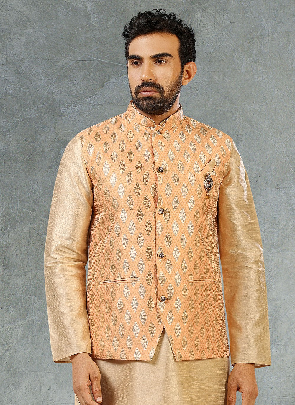 Jacquard Work Banarasi Silk, Jacquard Beige, Peach Kurta Payjama With Jacket - M2355