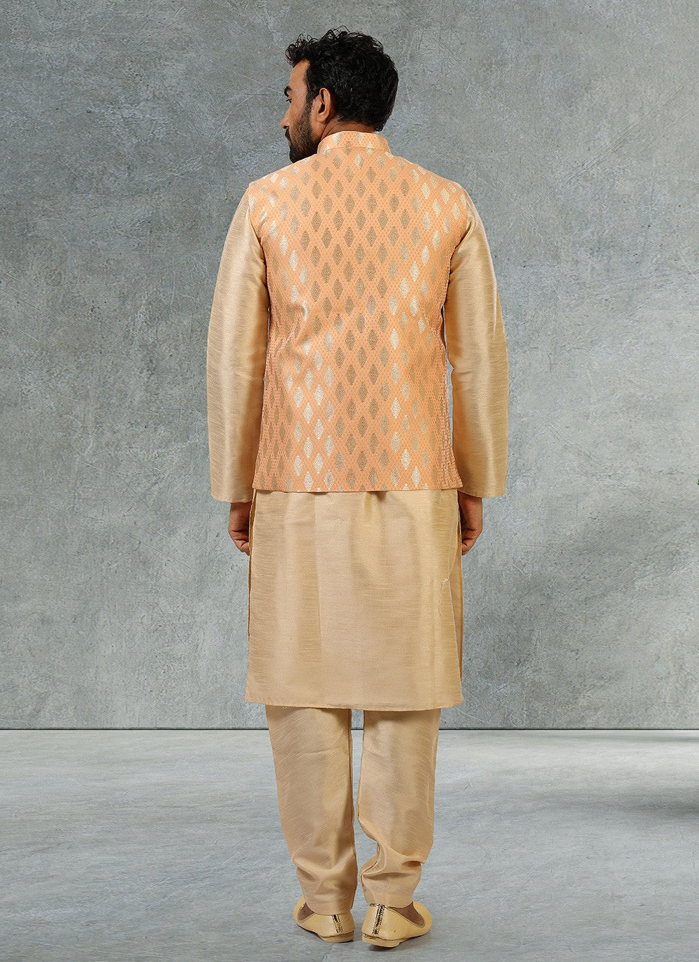 Jacquard Work Banarasi Silk, Jacquard Beige, Peach Kurta Payjama With Jacket - M2355