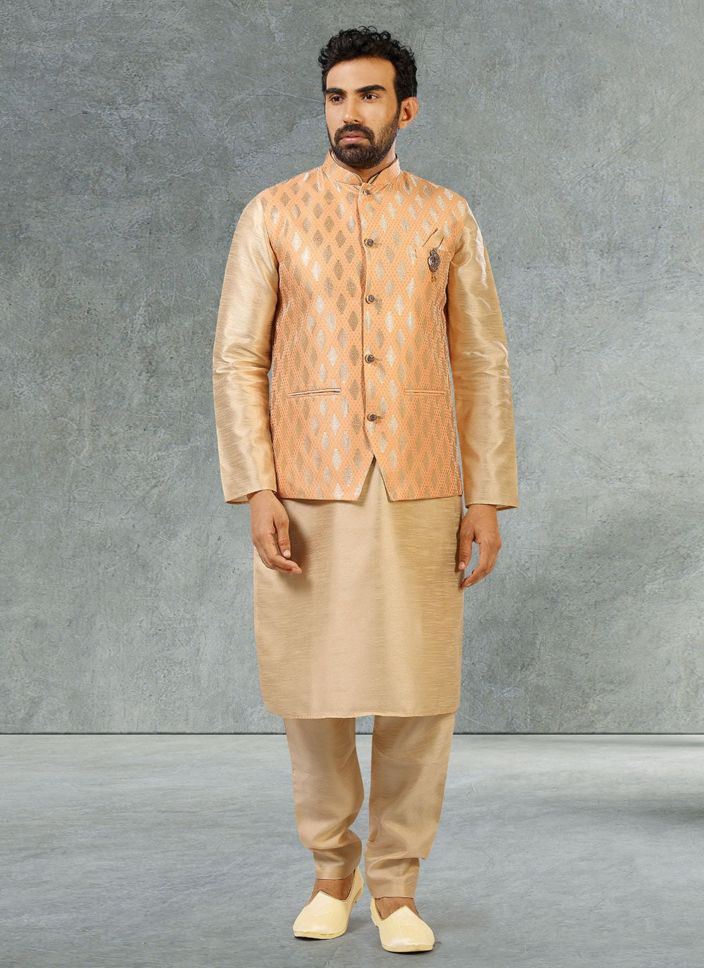 Jacquard Work Banarasi Silk, Jacquard Beige, Peach Kurta Payjama With Jacket - M2355