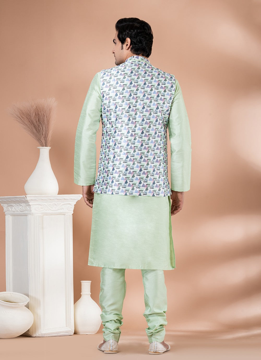 Printed Banarasi Silk Green, Multi Colour Kurta Payjama With Jacket - M7705