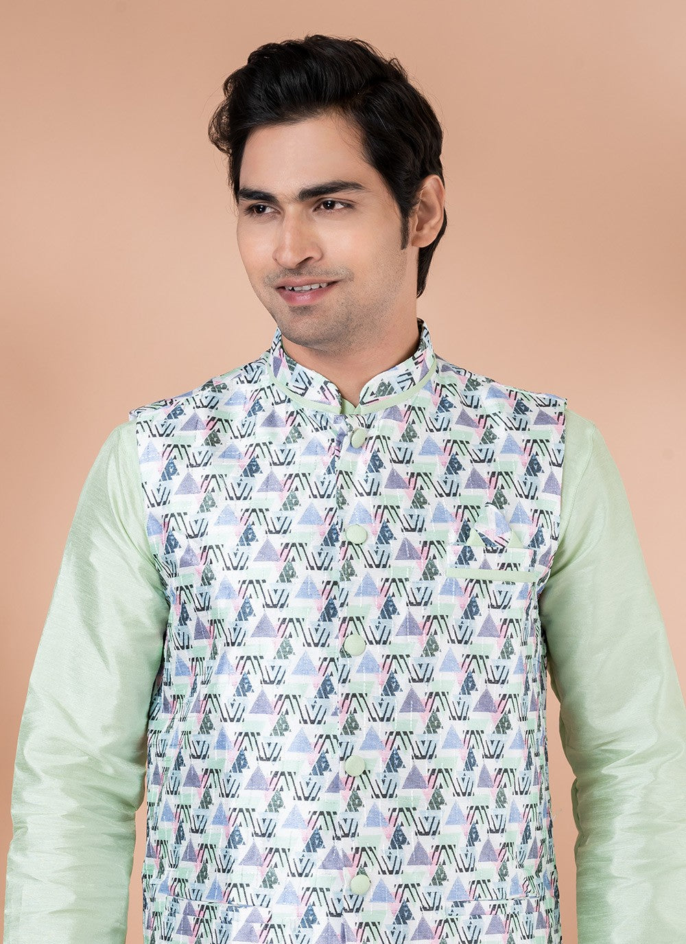 Printed Banarasi Silk Green, Multi Colour Kurta Payjama With Jacket - M7705