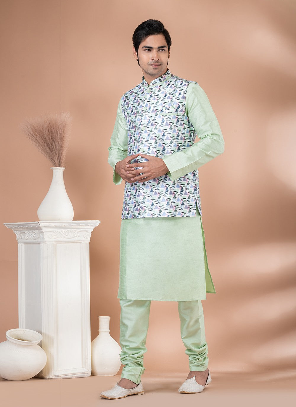 Printed Banarasi Silk Green, Multi Colour Kurta Payjama With Jacket - M7705