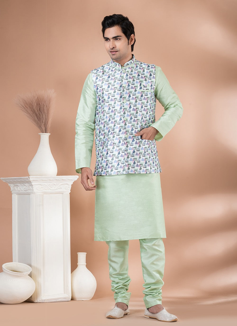 Printed Banarasi Silk Green, Multi Colour Kurta Payjama With Jacket - M7705