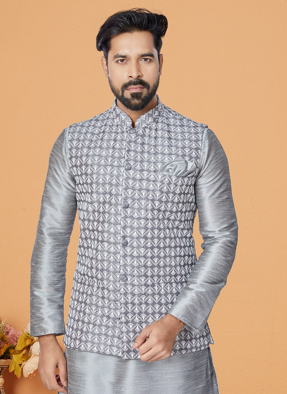 Fancy Work Banarasi Silk Grey Kurta Payjama With Jacket - M5319