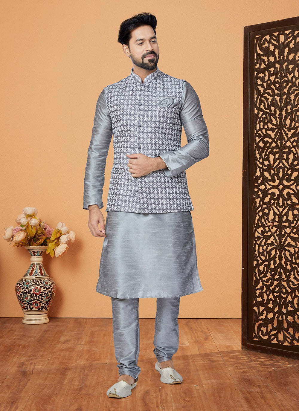 Fancy Work Banarasi Silk Grey Kurta Payjama With Jacket - M5319