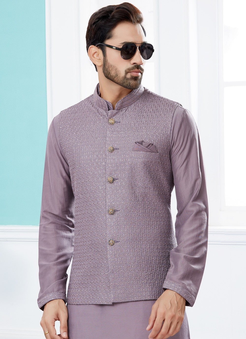 Jacquard Work Banarasi Silk, Dupion Silk Lavender Kurta Payjama With Jacket - M4028