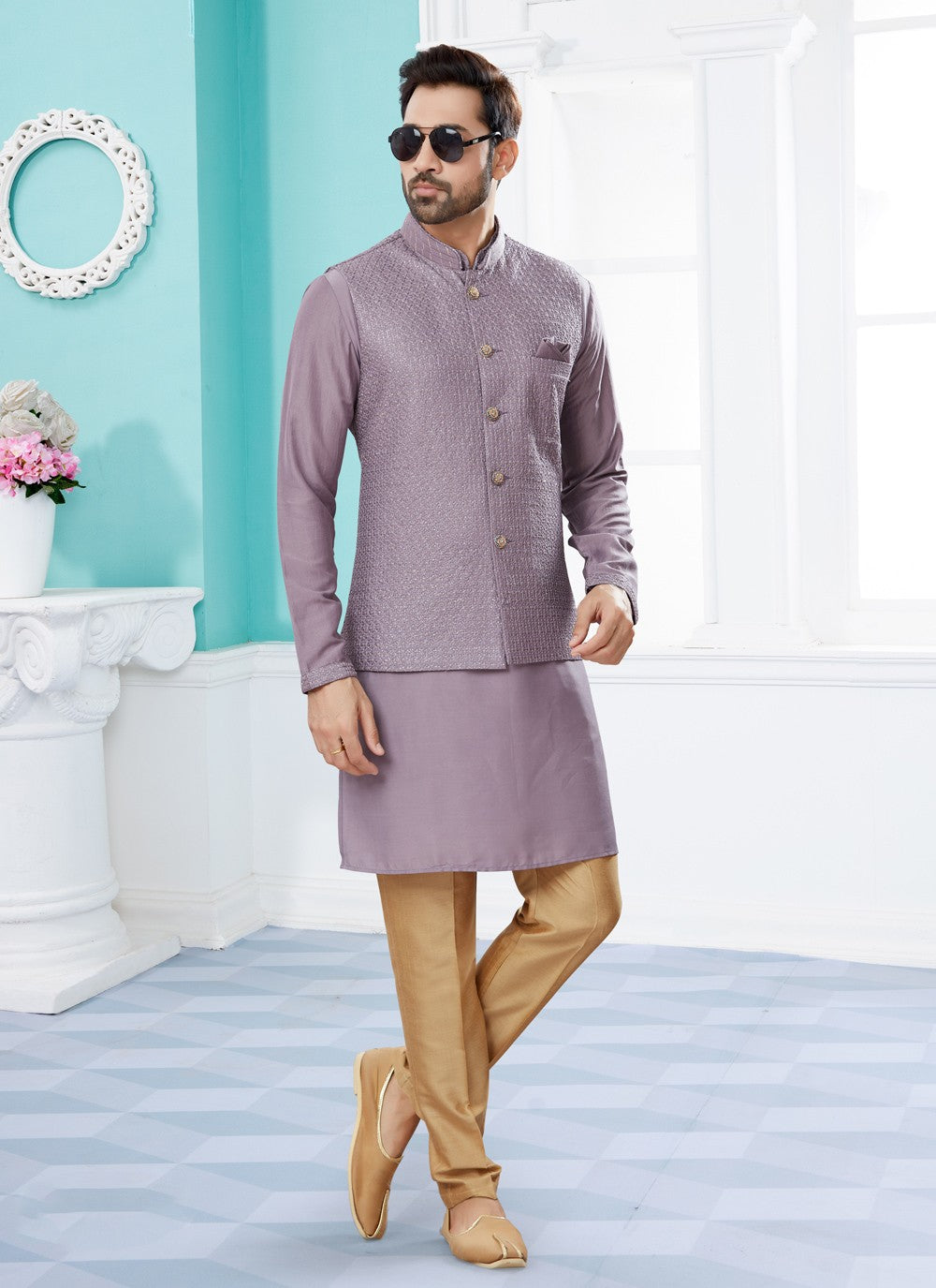 Jacquard Work Banarasi Silk, Dupion Silk Lavender Kurta Payjama With Jacket - M4028