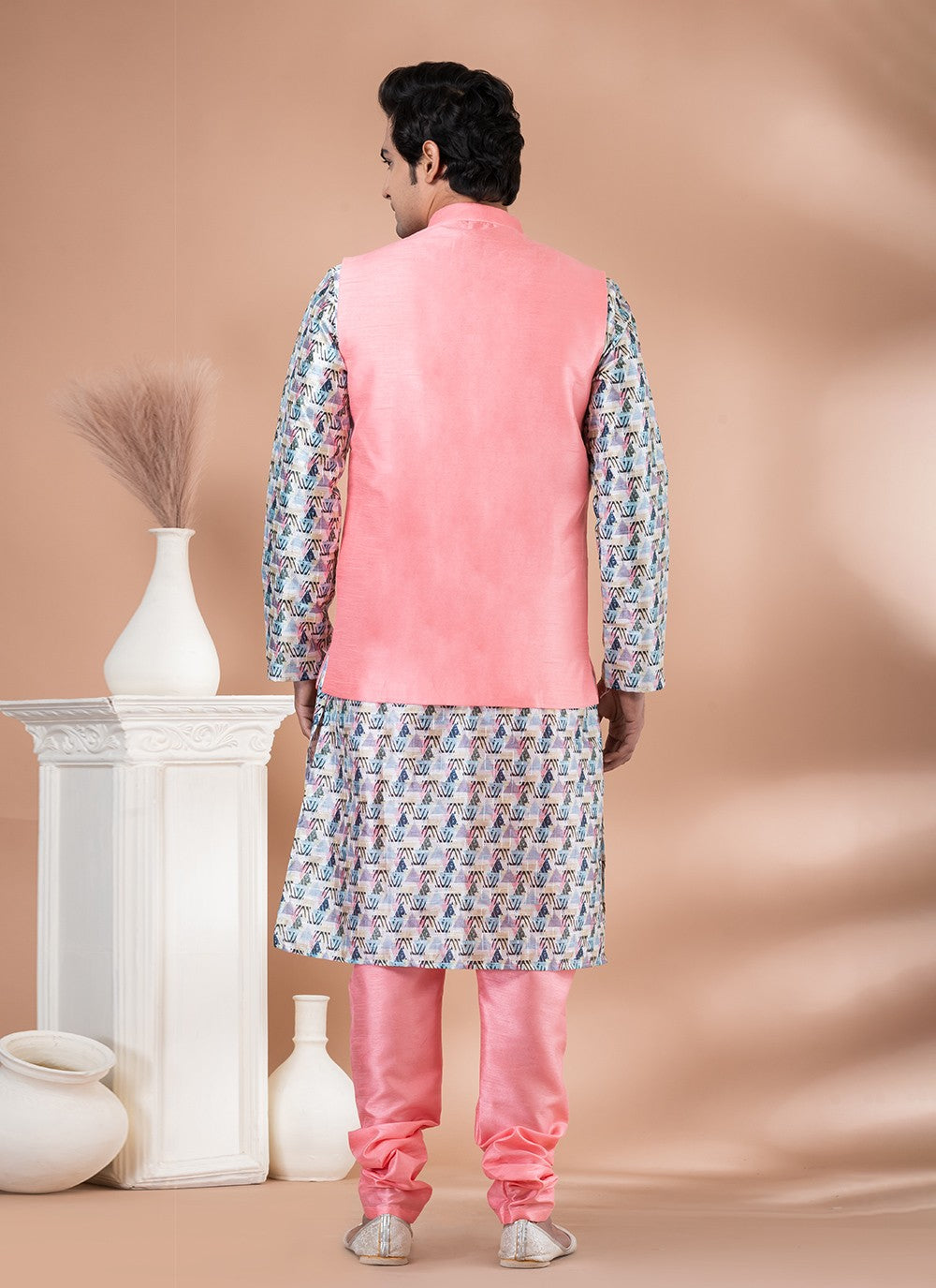 Printed Banarasi Silk Multi Colour, Pink Kurta Payjama With Jacket - M7718