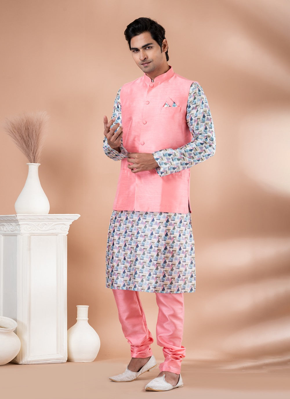 Printed Banarasi Silk Multi Colour, Pink Kurta Payjama With Jacket - M7718