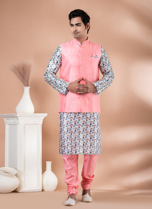 Printed Banarasi Silk Multi Colour, Pink Kurta Payjama With Jacket - M7718