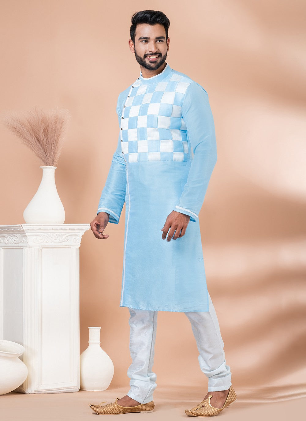 Fancy Work Banarasi Silk Aqua Blue Kurta Pyjama - M6981