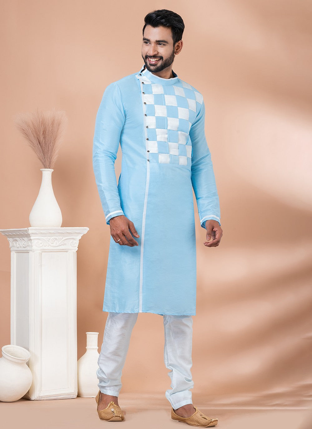 Fancy Work Banarasi Silk Aqua Blue Kurta Pyjama - M6981