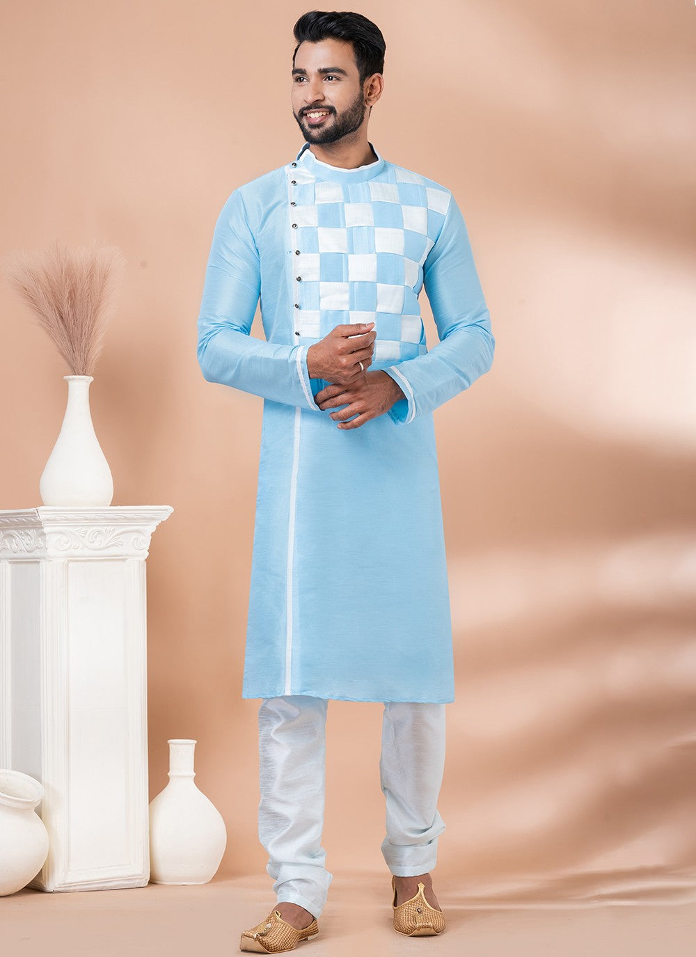 Fancy Work Banarasi Silk Aqua Blue Kurta Pyjama - M6981