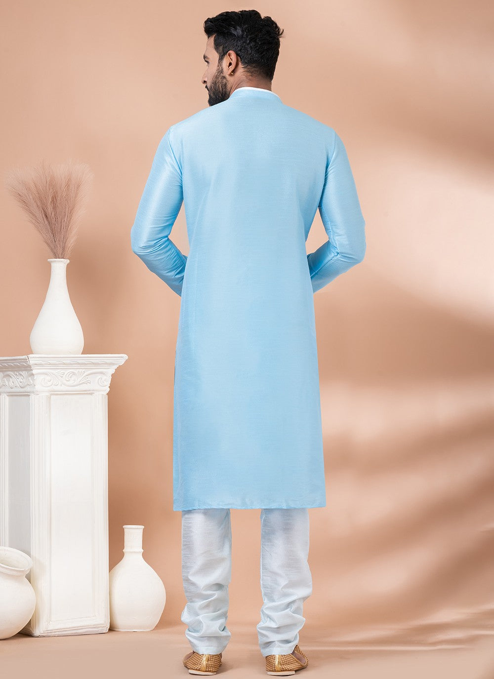 Fancy Work Banarasi Silk Aqua Blue Kurta Pyjama - M6981