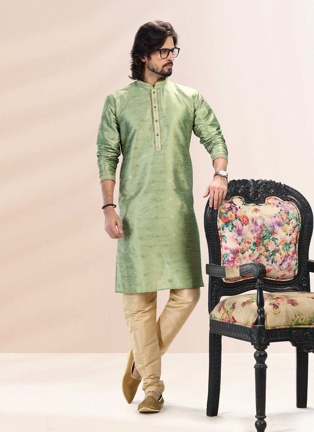 Fancy Work Banarasi Silk, Jacquard Green Kurta Pyjama - M4832