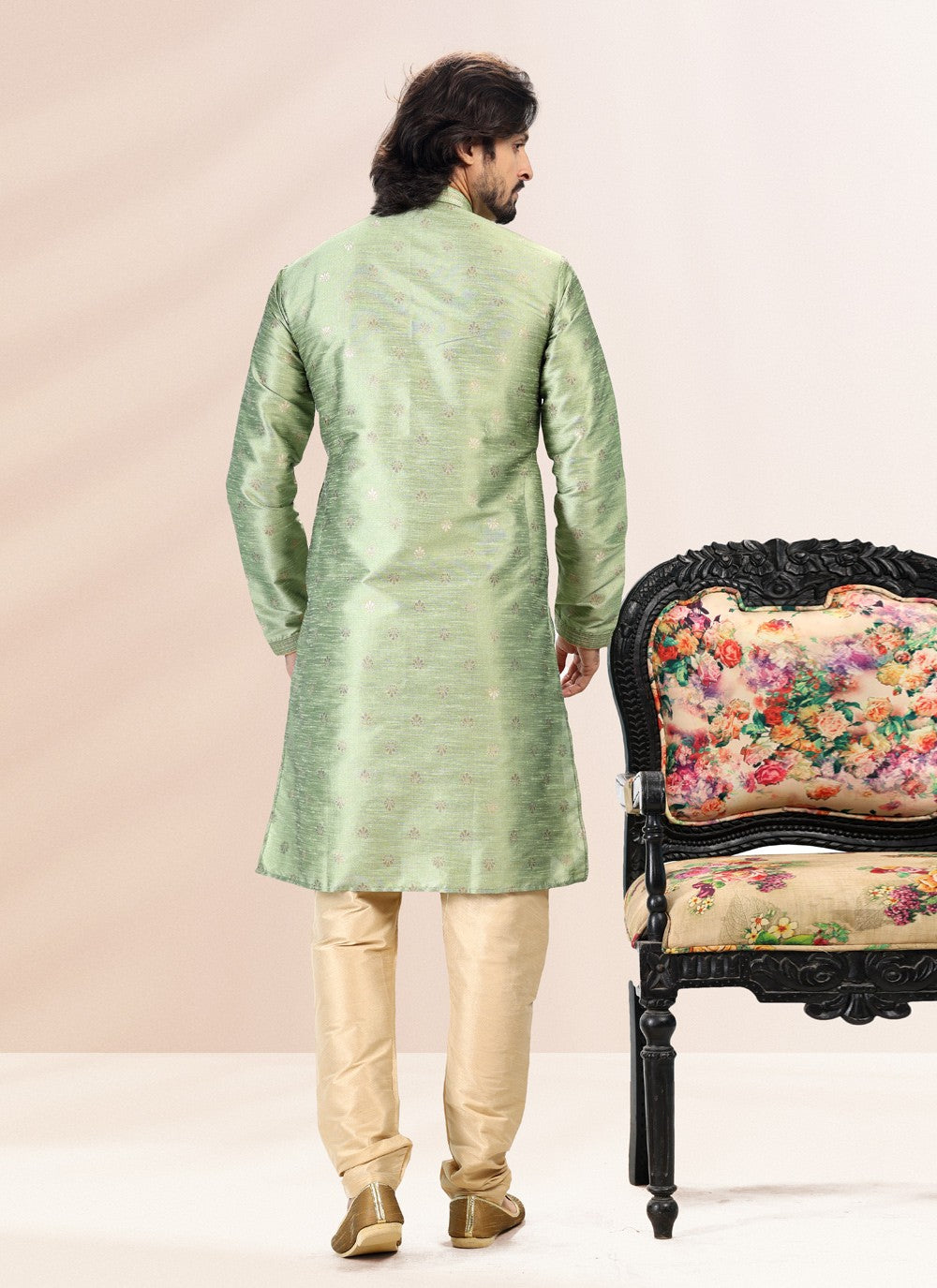 Fancy Work Banarasi Silk, Jacquard Green Kurta Pyjama - M4832