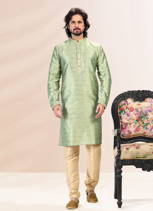 Fancy Work Banarasi Silk, Jacquard Green Kurta Pyjama - M4832