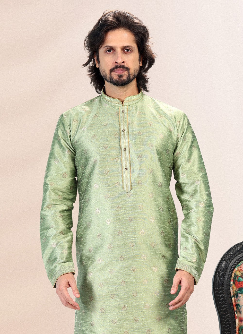 Fancy Work Banarasi Silk, Jacquard Green Kurta Pyjama - M4832