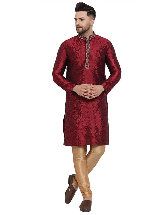 Embroidered Banarasi Silk Maroon Kurta Pyjama - M1618