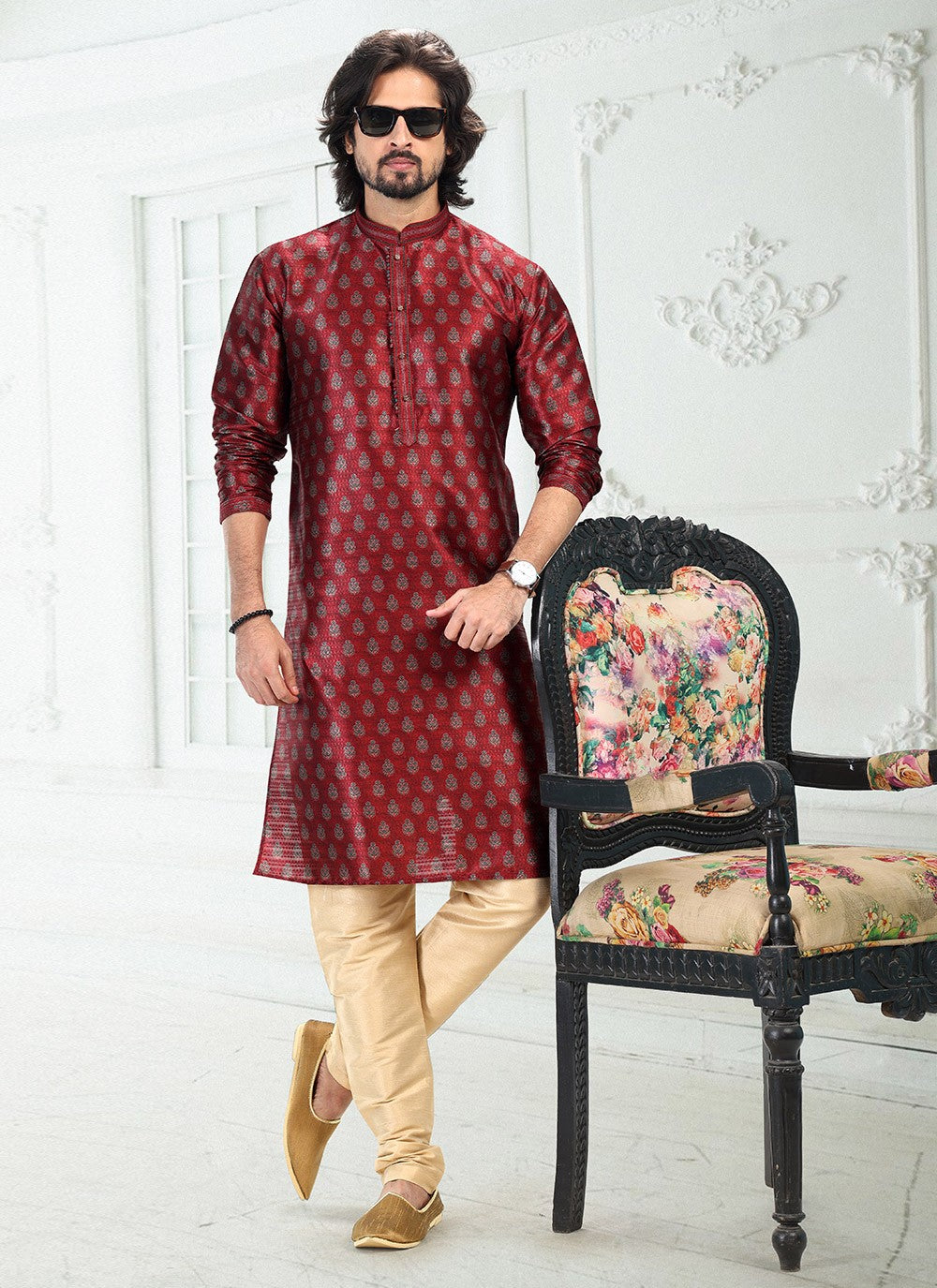 Digital Print Banarasi Silk Maroon Kurta Pyjama - M4919