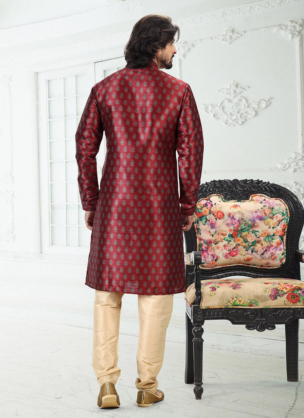 Digital Print Banarasi Silk Maroon Kurta Pyjama - M4919