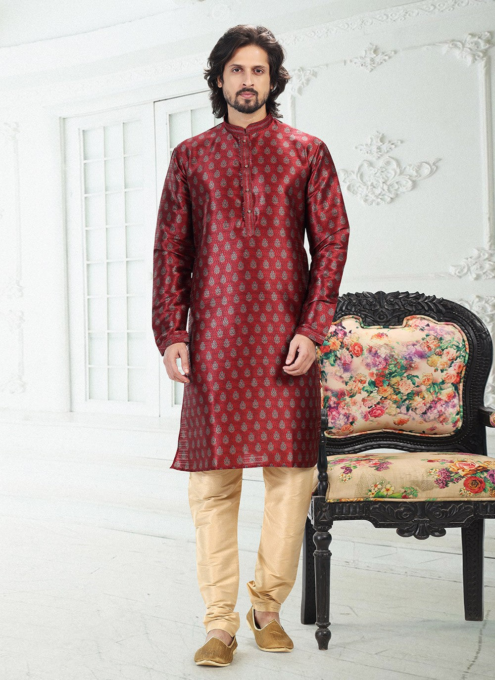 Digital Print Banarasi Silk Maroon Kurta Pyjama - M4919