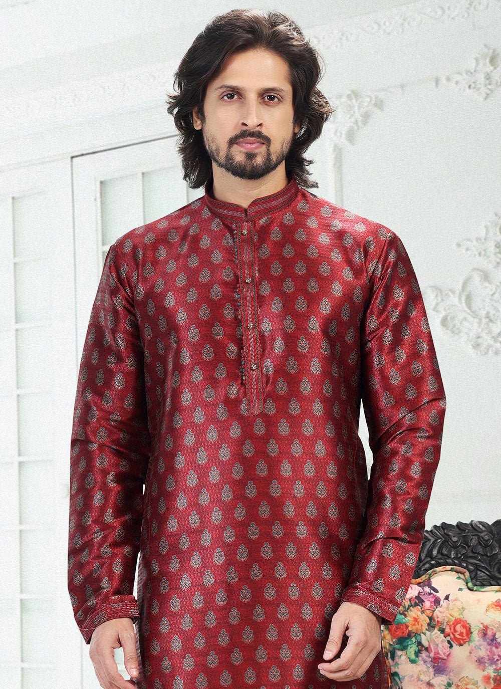 Digital Print Banarasi Silk Maroon Kurta Pyjama - M4919