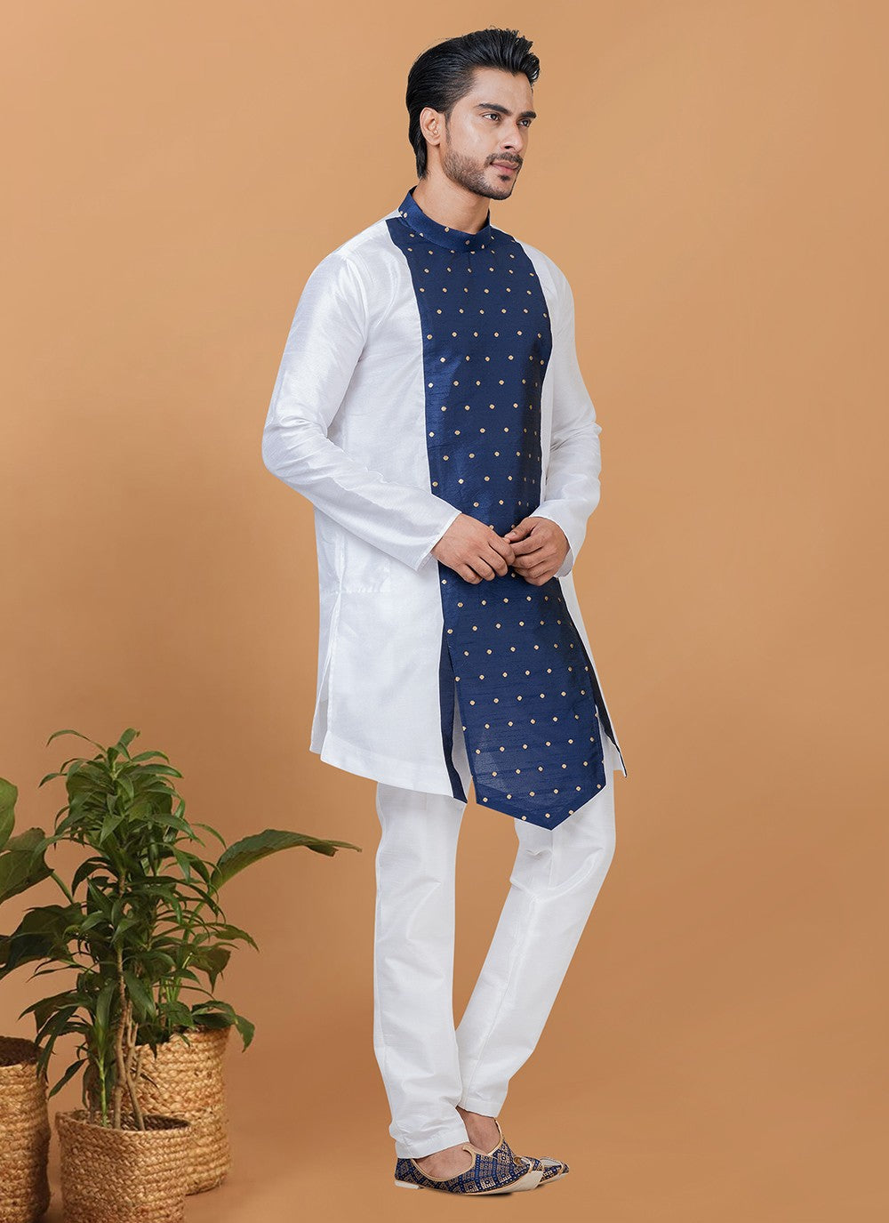 Digital Print Banarasi Silk Navy Blue, White Kurta Pyjama - M5964