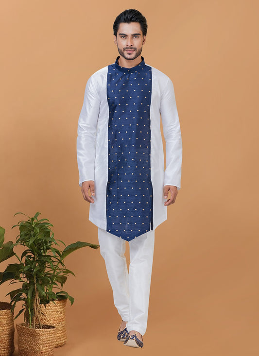 Digital Print Banarasi Silk Navy Blue, White Kurta Pyjama - M5964