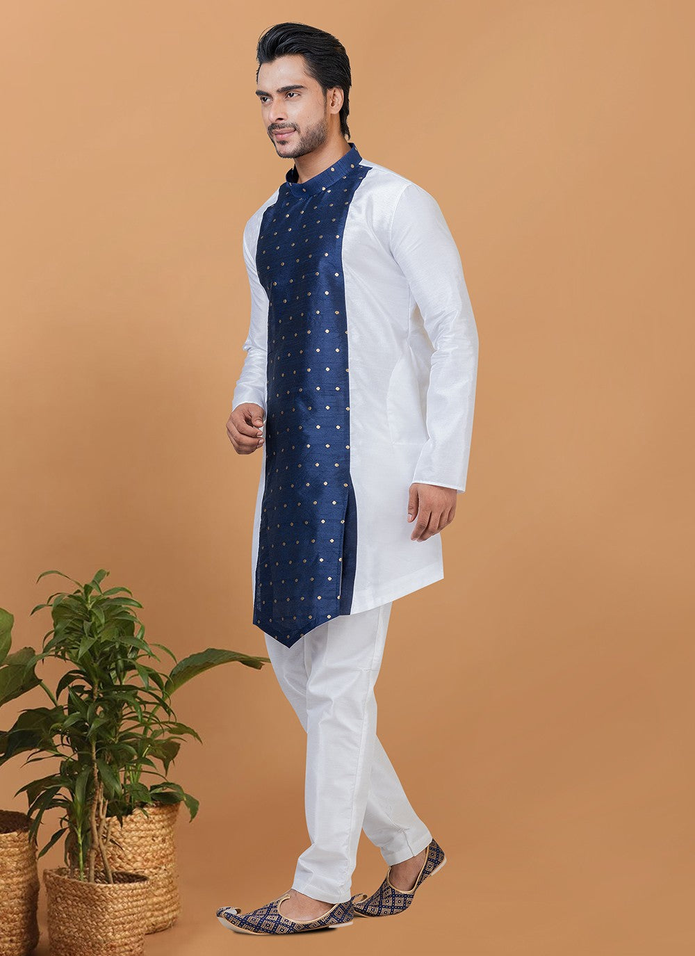 Digital Print Banarasi Silk Navy Blue, White Kurta Pyjama - M5964