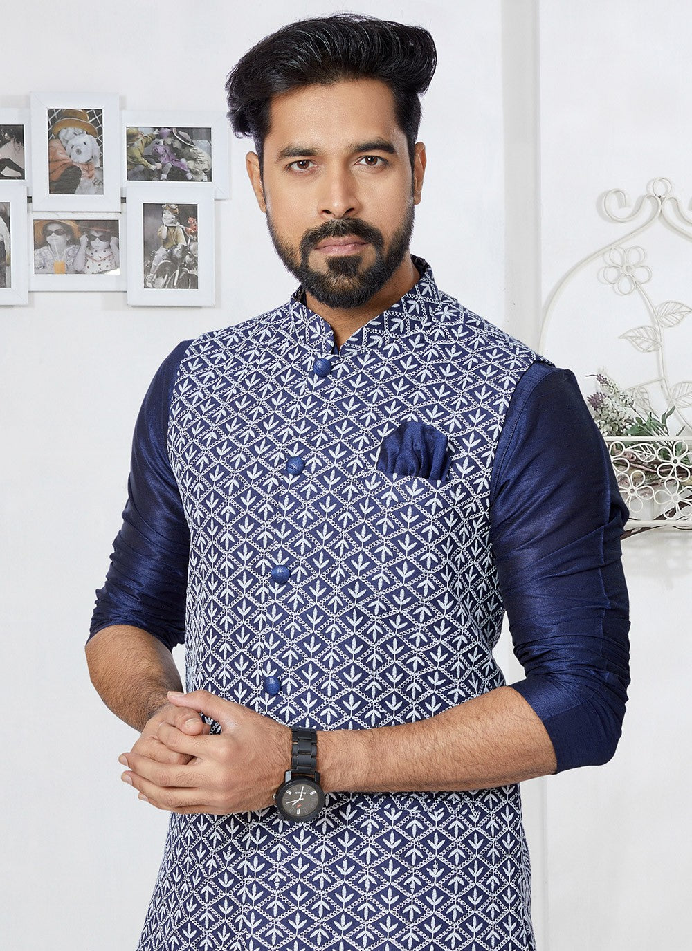 Fancy Work Banarasi Silk Navy Blue Kurta Payjama With Jacket - M5330