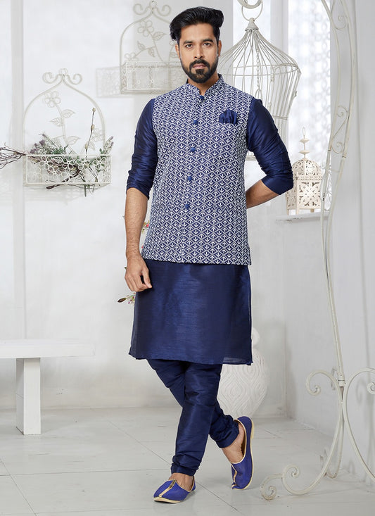 Fancy Work Banarasi Silk Navy Blue Kurta Payjama With Jacket - M5330