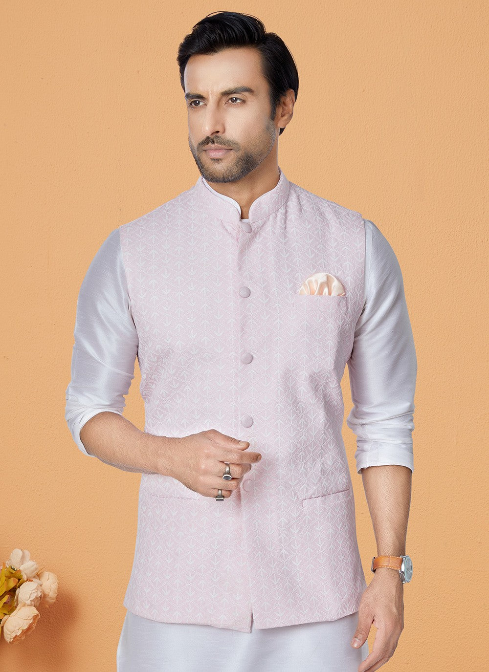 Fancy Work Banarasi Silk Off White, Pink Kurta Payjama With Jacket - M5321