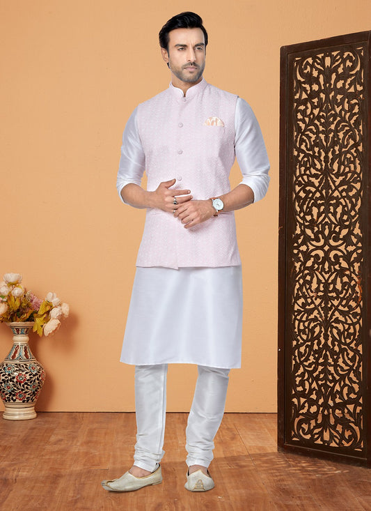 Fancy Work Banarasi Silk Off White, Pink Kurta Payjama With Jacket - M5321