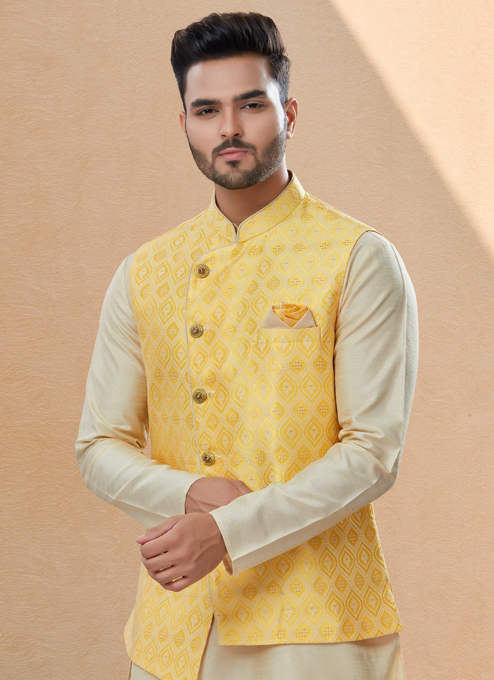 Jacquard Work Banarasi Silk, Dupion Silk Off White, Yellow Kurta Payjama With Jacket - M4032