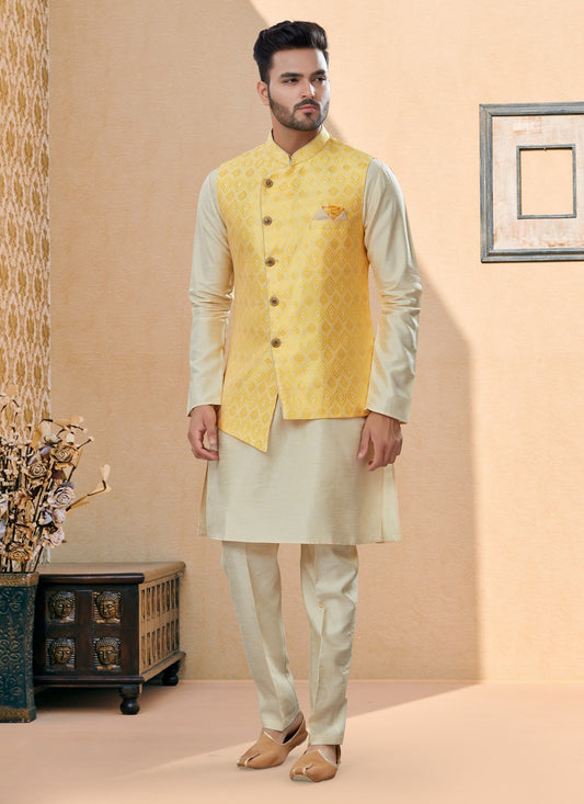 Jacquard Work Banarasi Silk, Dupion Silk Off White, Yellow Kurta Payjama With Jacket - M4032