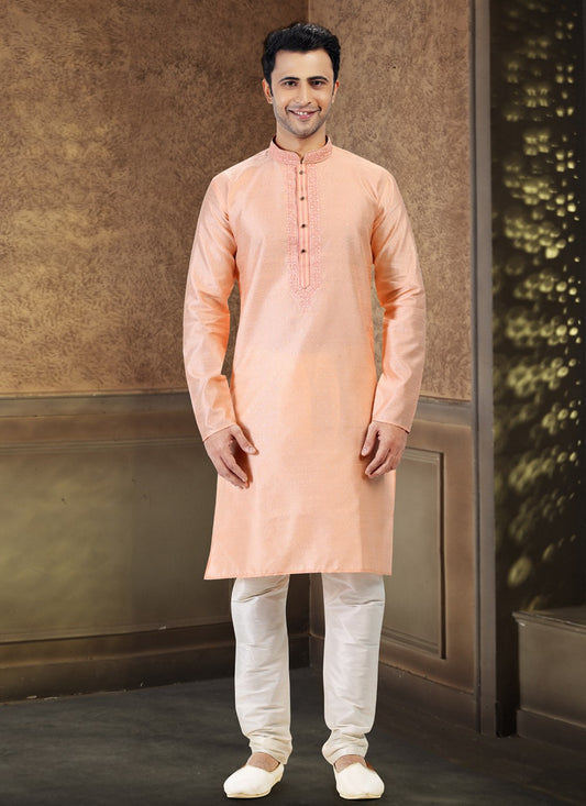 Fancy Work Banarasi Silk, Jacquard Peach Kurta Pyjama - M4861