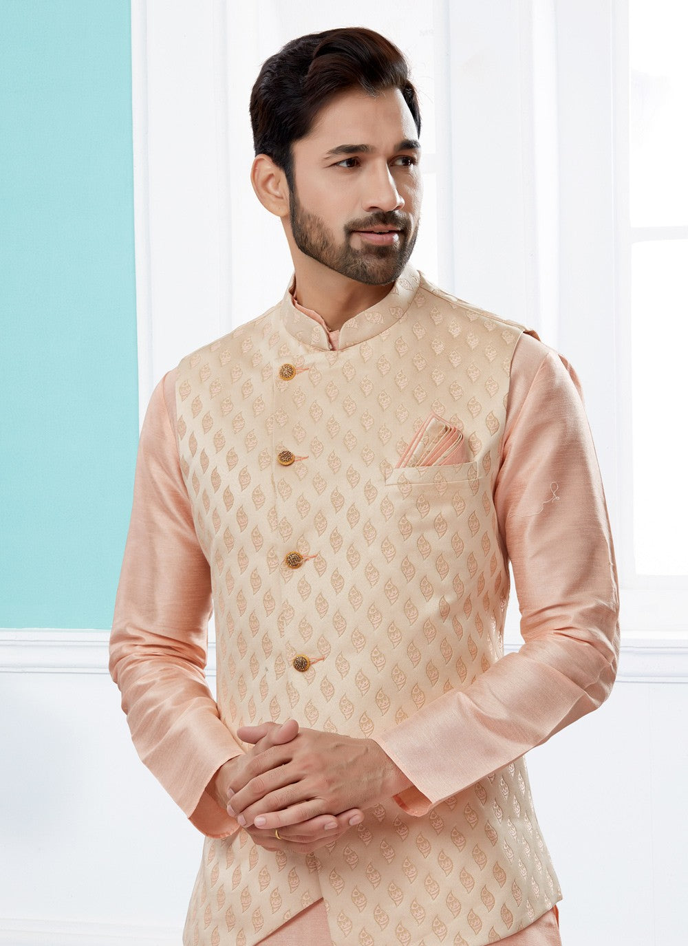 Jacquard Work Banarasi Silk, Dupion Silk Peach Kurta Payjama With Jacket - M4024