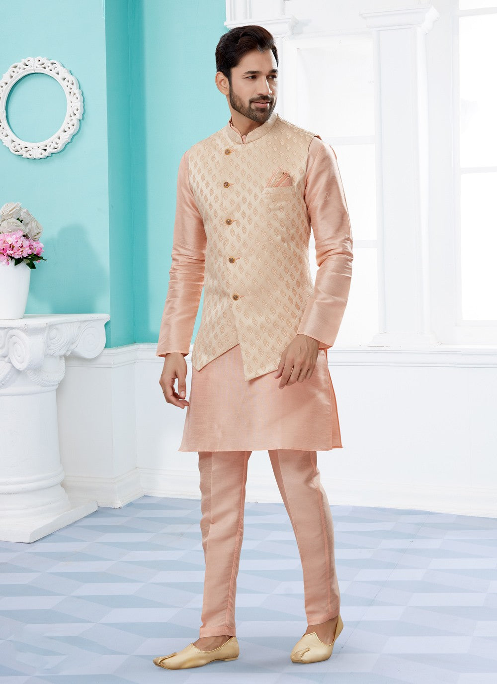 Jacquard Work Banarasi Silk, Dupion Silk Peach Kurta Payjama With Jacket - M4024