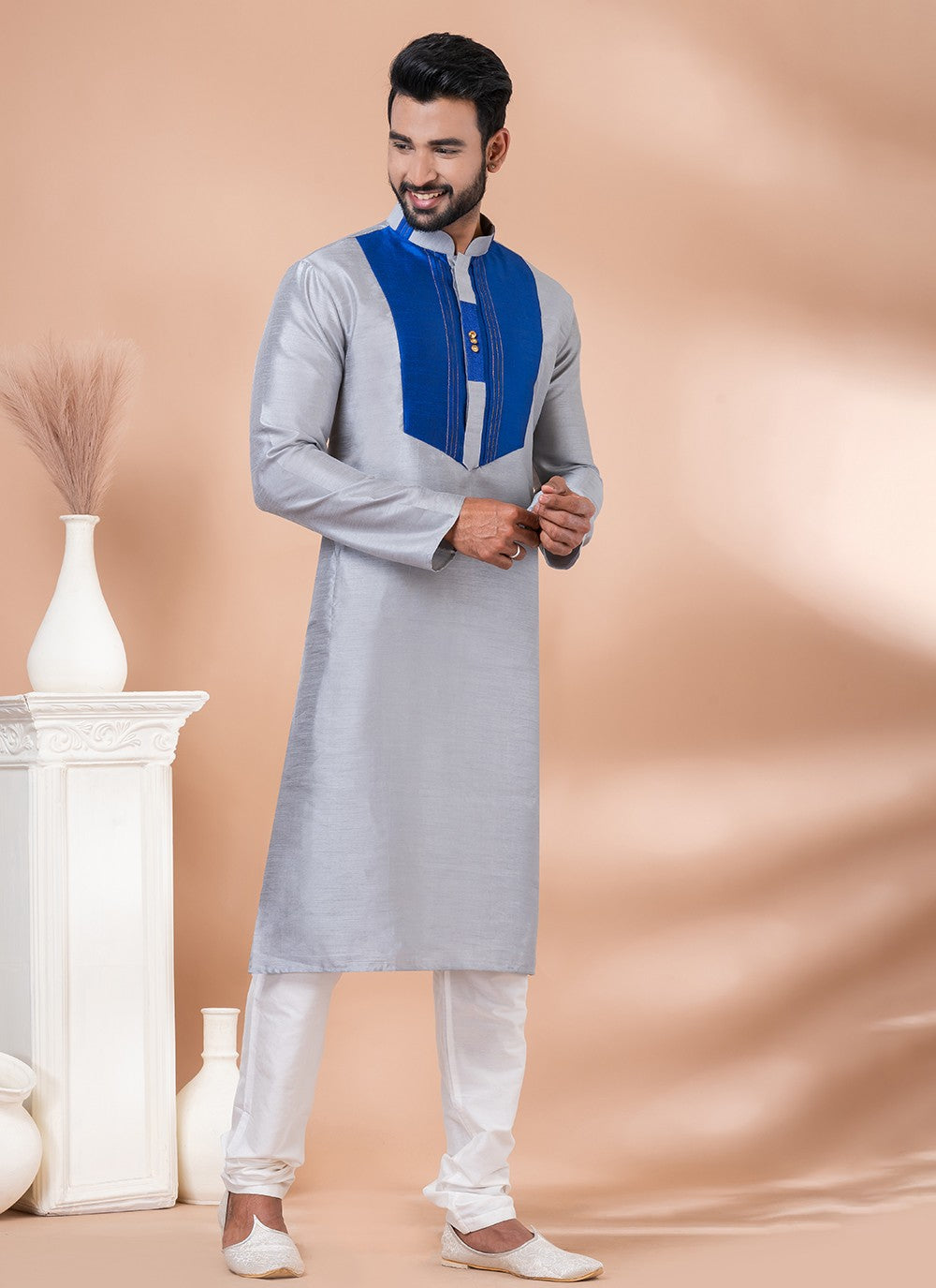 Plain Banarasi Silk Grey Kurta Pyjama - M6977