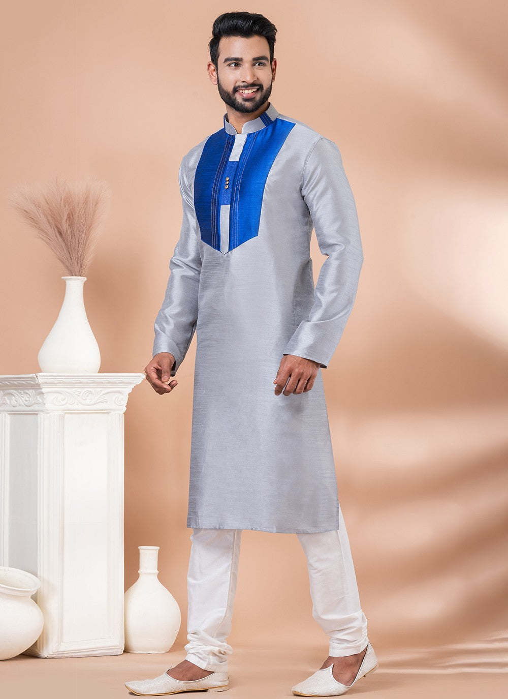 Plain Banarasi Silk Grey Kurta Pyjama - M6977