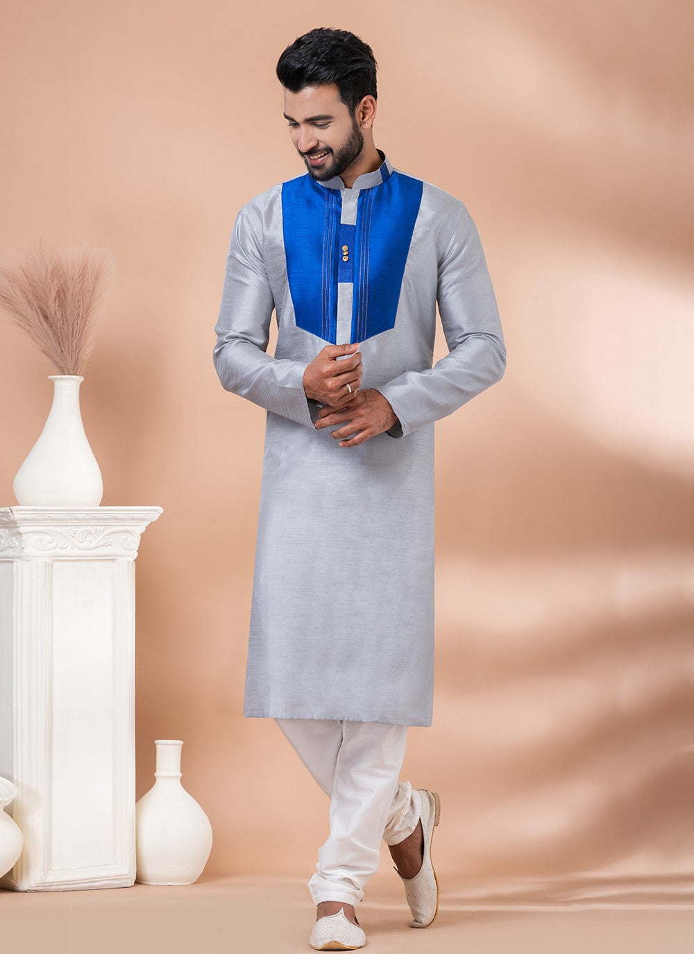 Plain Banarasi Silk Grey Kurta Pyjama - M6977