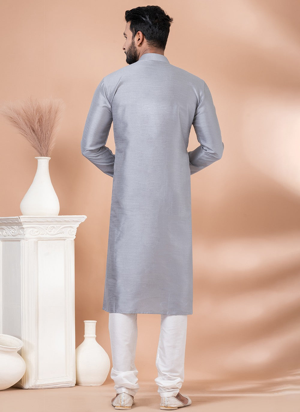 Plain Banarasi Silk Grey Kurta Pyjama - M6977