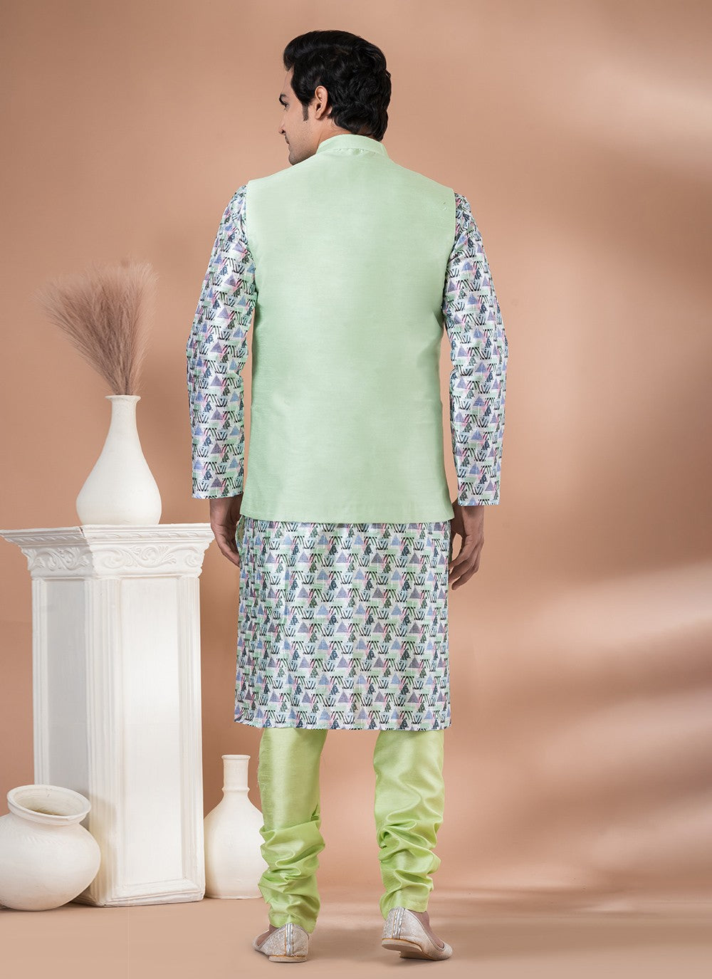 Plain Banarasi Silk Green, Multi Colour Kurta Payjama With Jacket - M7712