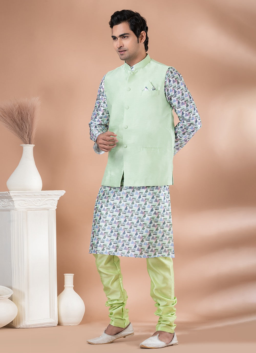 Plain Banarasi Silk Green, Multi Colour Kurta Payjama With Jacket - M7712